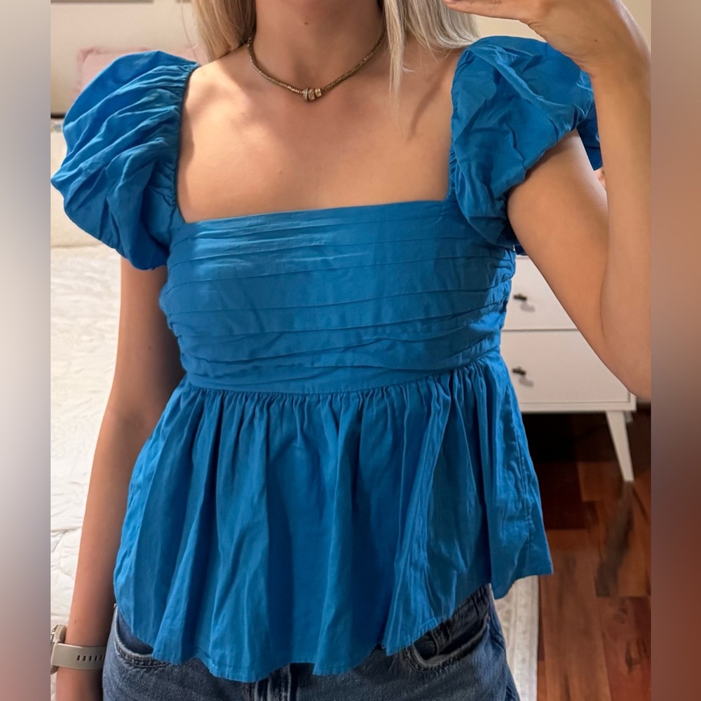 Abercrombie & Fitch Teal-Blue Puff Sleeve Smocked Top